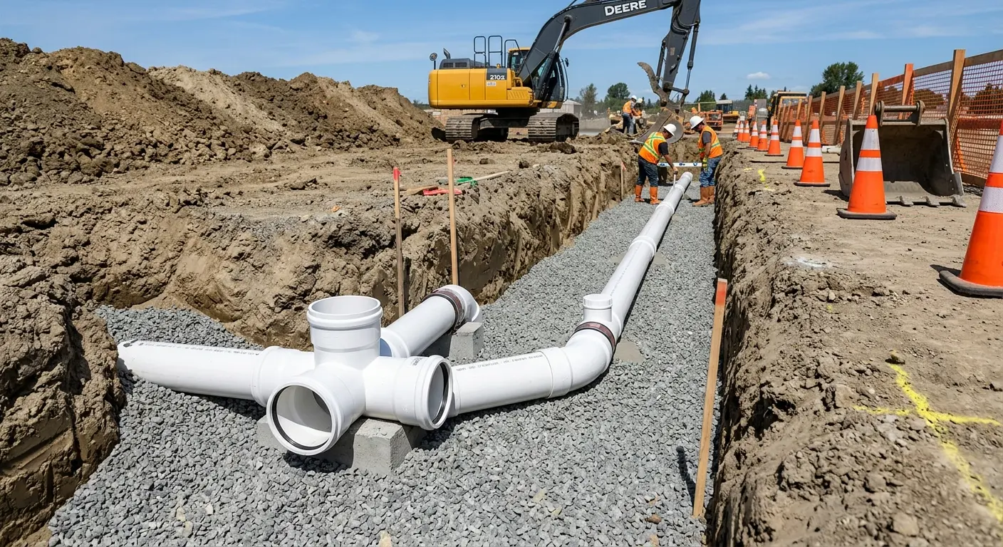 New PVC sewer pipe installation in open trench for Commercial Drain Cleaning in Nanticoke