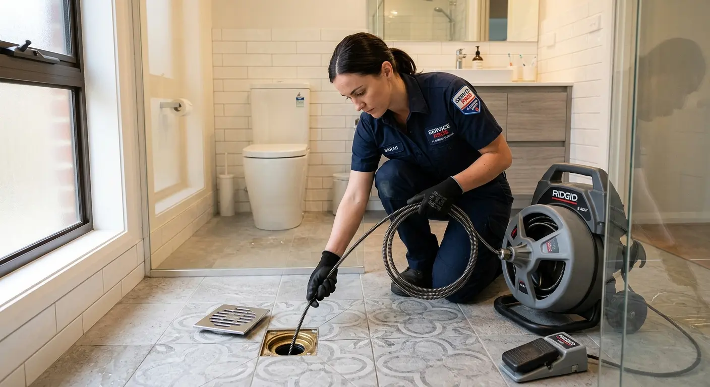 Technician clearing a bathroom floor drain for Drain Repair in Nanticoke